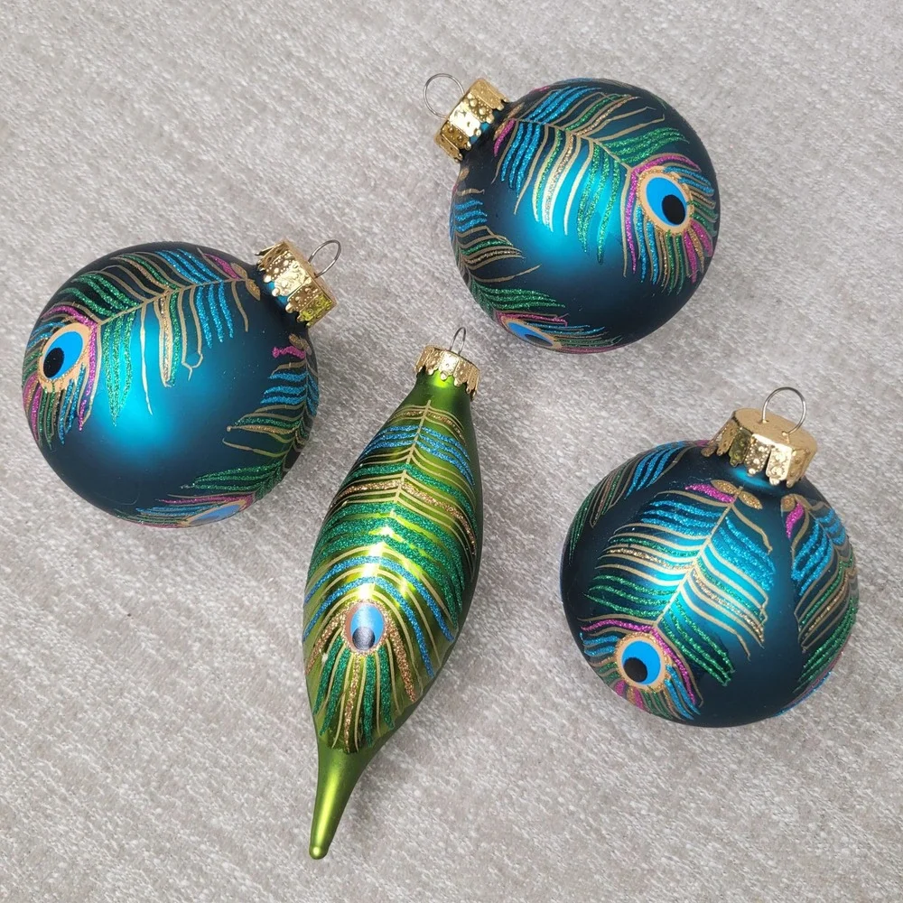 4pc Peacock Feather Glass Christmas Ornaments Teal Blue Green Glitter Set